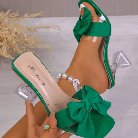Women's Bowknot Transparent Heel Open-Toe Sandals, Heeled Sandals, Bowknot Design Sandals, bowknot heels, clear heels, Fashionable Party Style, Elegant Comfortable Summer Shoes, Luxurious Women's Footwear