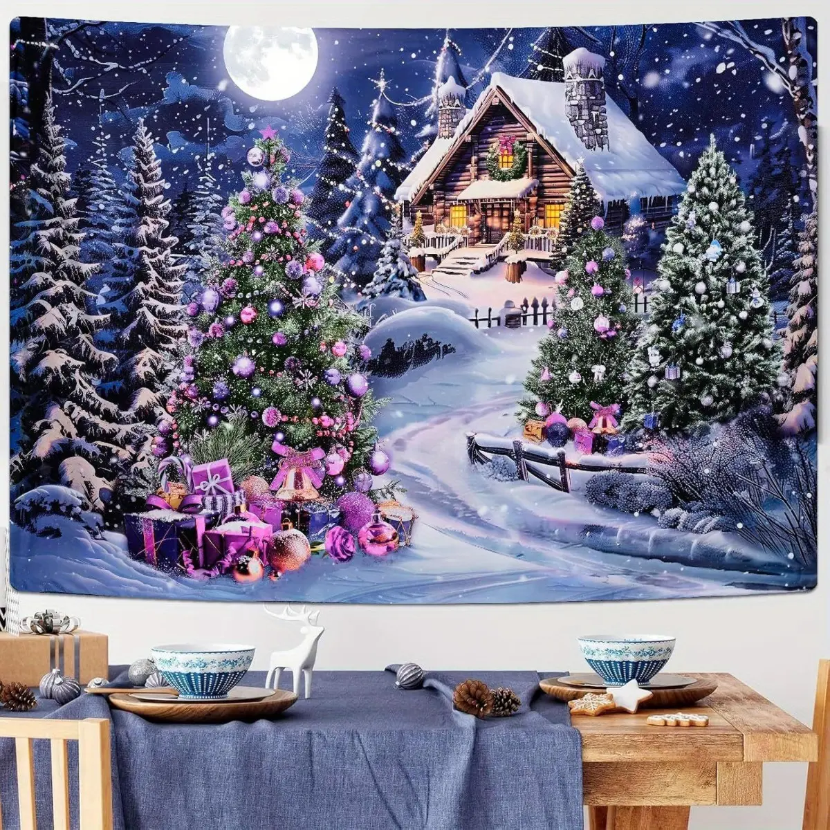 Merry Christmas  Xmas Tree Tapestry for Bedroom Snow Forest Tapestries Winter Wall Tapestry Christmas backdrop House Decor Tapestry Wall Hanging for Dorm, Living Room Decoration Chinese Art Home
