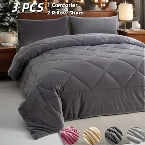 3pcs Crystal Velvet Quilt Set, 260gsm Thickened Blanket, Twin Size, All-Season Warm Filling, Winter Comfort Bedding, Comfy Bed Sets