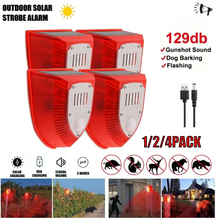 1/2/4 Pcs 3 Modes Solar Alarm Motion Detector With Sound Outdoor Motion Sensor 129db Barking Dog Strobe Light Gunshot Sound Alarm Detector Noise Maker Warning Lamp For Pasture, Farm, House, Yard, Barn, Home