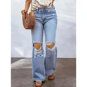 Vintage Straight Leg Jeans for Women Minimalist Trendy Flattering Fit Ripped Denim Pants All Season Comfort 66 Viscose 33 Polyester 1 Elastane Soft Stretch 350g Weight Solid Color Vintage Jeans