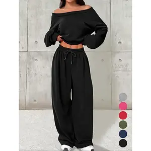 Women’s casual hooded sweatshirt set with a single-shoulder design, loose knit short top with long sleeves—fashionable and comfortable wear