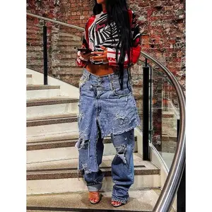 Women's Deconstructed 2 In 1 Jeans - Low Rise Vintage Wash  & Asymmetric Distressed Rips |   Edgy Streetwear Denim Pants For Concerts & Night Out & Party & Casual Bottoms Fabric Fit Womenswear