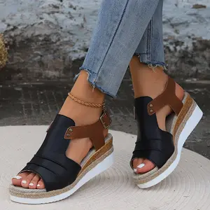 Women's Colorblock Casual Sandals - Ankle Buckle Strap Comfy Platform Shoes - Versatile Summer Wedge Shoes, Girl Flatform Footwear Black KA29835