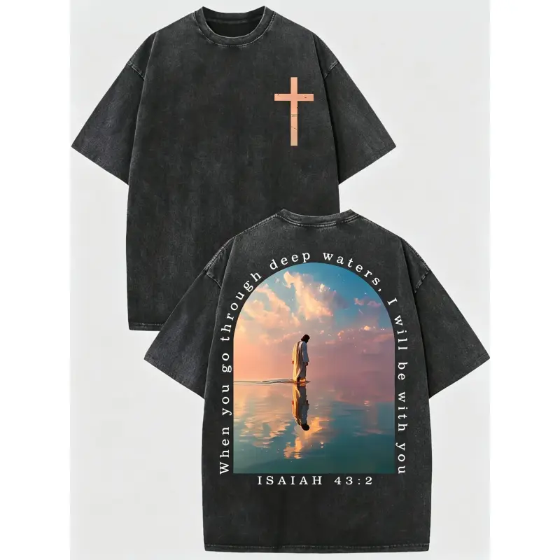 Men's 230g Washed Pure Cotton Short-Sleeve Round Neck T-Shirt, Cross & Isaiah Verse Design, Double-Sided Print, Distressed Drop-Shoulder Retro Y2K Vintage Streetwear, Casual Menswear Summer Top