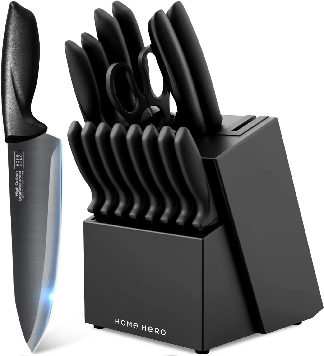 Home Hero Kitchen Knife Set - Wooden Knife Block Organizer - High Carbon Stainless Steel Blades - Ergonomic Handles with Built-In Sharpener & Kitchen Scissors - 16-Pc, Black