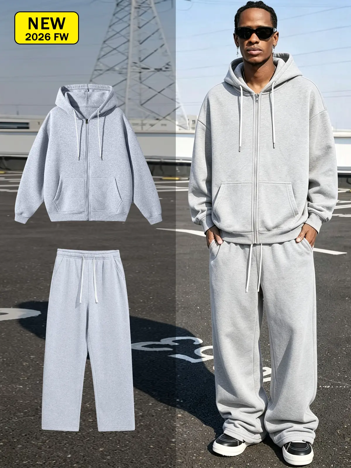 Men’s spring/autumn hooded knit cardigan sweatshirt + sweatpants set, loose, breathable, comfortable, athletic casual pants
