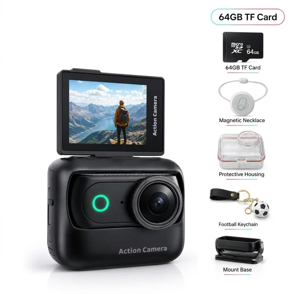 【Action Me】 Portable vlogging camera Action Camera w/ Flip Screen, Hands-Free POV Vlog Camera, Phone-Compatible, Includes Charging Case & Cap Mount (Blk/Wht/Pnk) - Free Protective Case Included