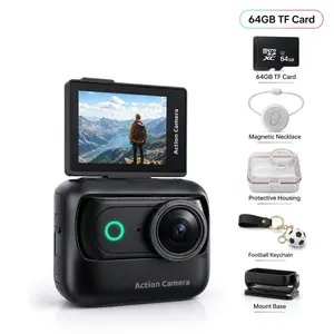 【Action Me】 Portable vlogging camera Action Camera w/ Flip Screen, Hands-Free POV Vlog Camera, Phone-Compatible, Includes Charging Case & Cap Mount (Blk/Wht/Pnk) - Free Protective Case Included