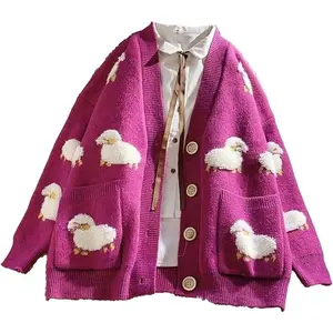 Ladies Girl Cute Sheep Sweater Coat Cardigan Knitted Tops Kawaii Preppy Cartoon Casual