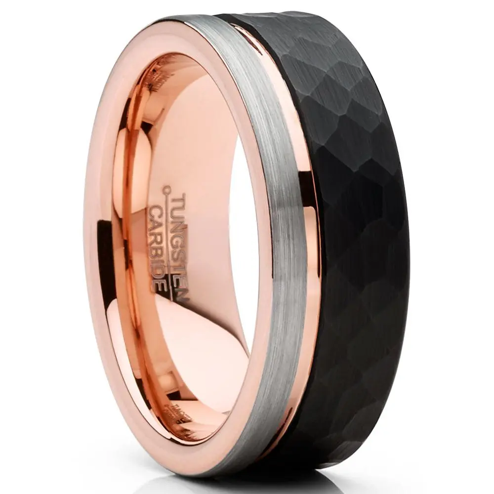 Mens Tungsten Wedding Band Ring Tri-Color Groove Rose Goldtone Comfort-fit 8MM Mens Tungsten Wedding Band Ring Tri-Color Groove Rose Goldtone Comfort-fit 8MM