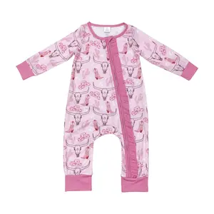 LR0689- western skull cow boots printed  Pink zipper long-sleeved romper