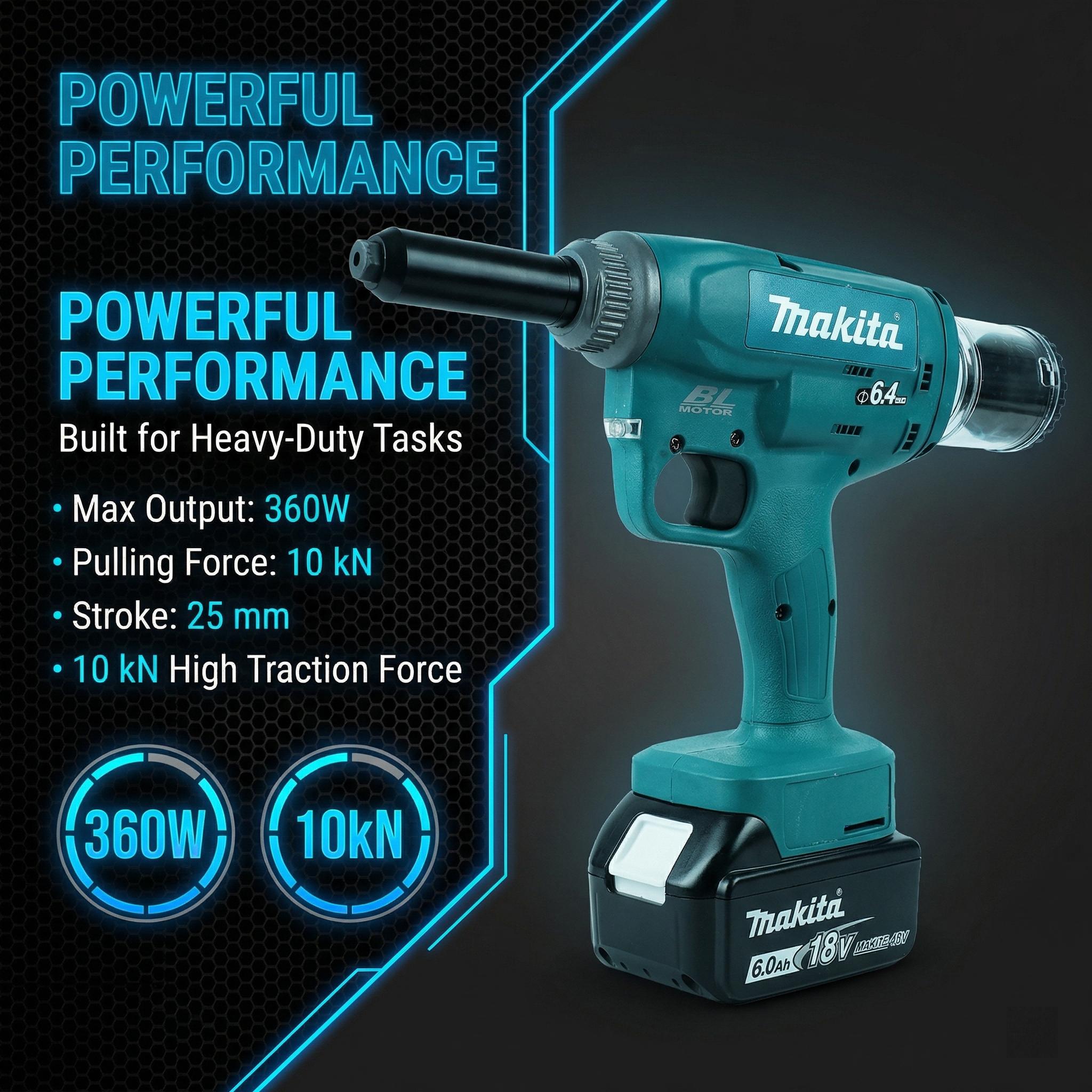 Makita Cordless Rivet Gun with High Pull Force for Sheet Metal Assembly and Maintenance Work