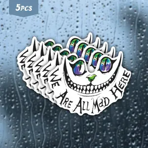5Pcs "We Are All Mad Here" Cheshire Cat Waterproof Vinyl Sticker, Alice in Wonderland Trippy Cat Self-Adhesive Decal, Suitable For Water Bottles, Laptops, Journals, Ideal For Alice in Wonderland Fans, Trippy Aesthetic Lovers And Whimsical Humor Enthusiast