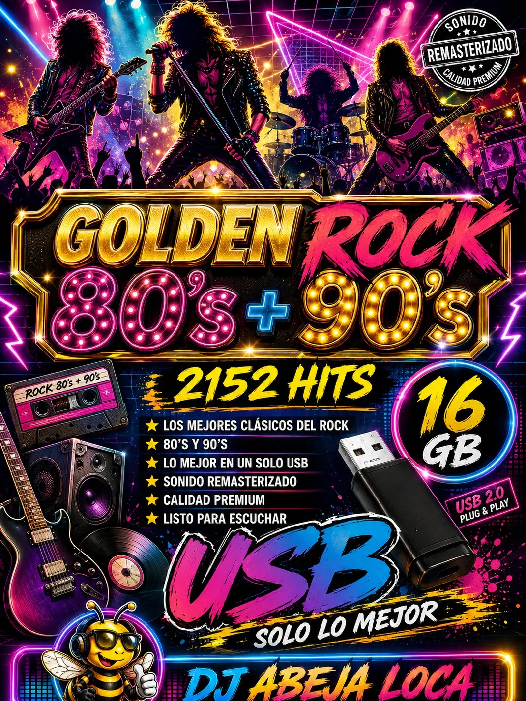 GOLDEN ROCK 16GB Flash Drive - 80-90 Music Collection Curated by DJ Abeja Loca, Solo Lo Mejor Data Storage USB Drive for Computers &  usb audio