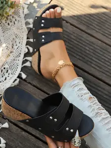 Vintage Rivet Thick Sole Sandals, Soft Wood Grain Wedge Flip Flops, Punk Style Outdoor Wear, Height-Increasing One-Piece Slippers, Women Summer