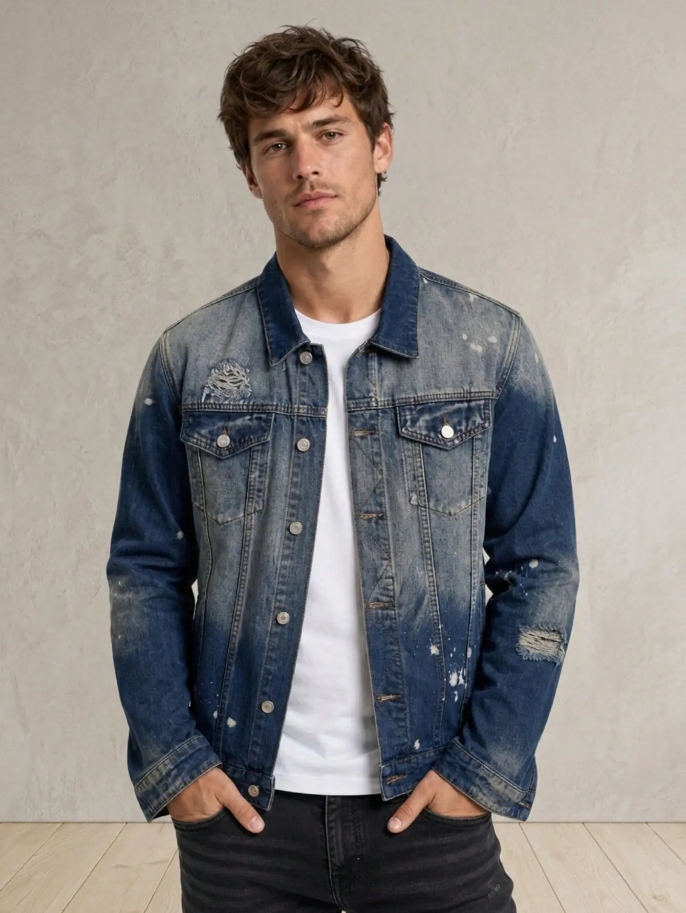 Men's Distressed Denim Jacket, Vintage Washed Blue Button Front Jacket with Ripped Details and Chest Pockets, Retro Streetwear