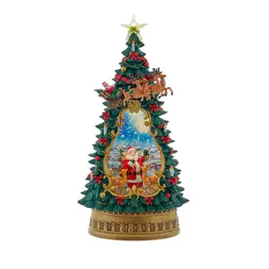 13.5" Battery Operated USB LED Lighted Santa & Deer Treetop With Spinning Glitter Water
