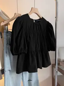 Women's Casual Shirt Blouses, Round Neck Short Sleeve Bubble Hem Ruched Design, Loose-Fitting Long Clothing for Daily