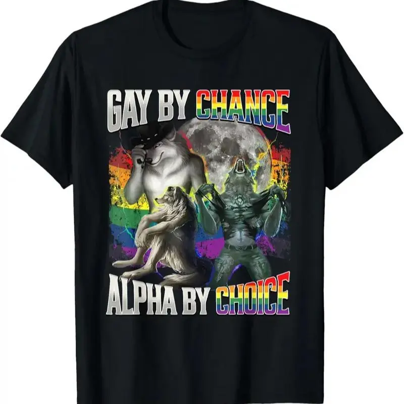 100% Cotton Gay By Chance Alpha By Choice Alpha Wolf LGBT Pride T-Shirt street fashion casual short sleeve dark humor tee breathable round neck short sleeve