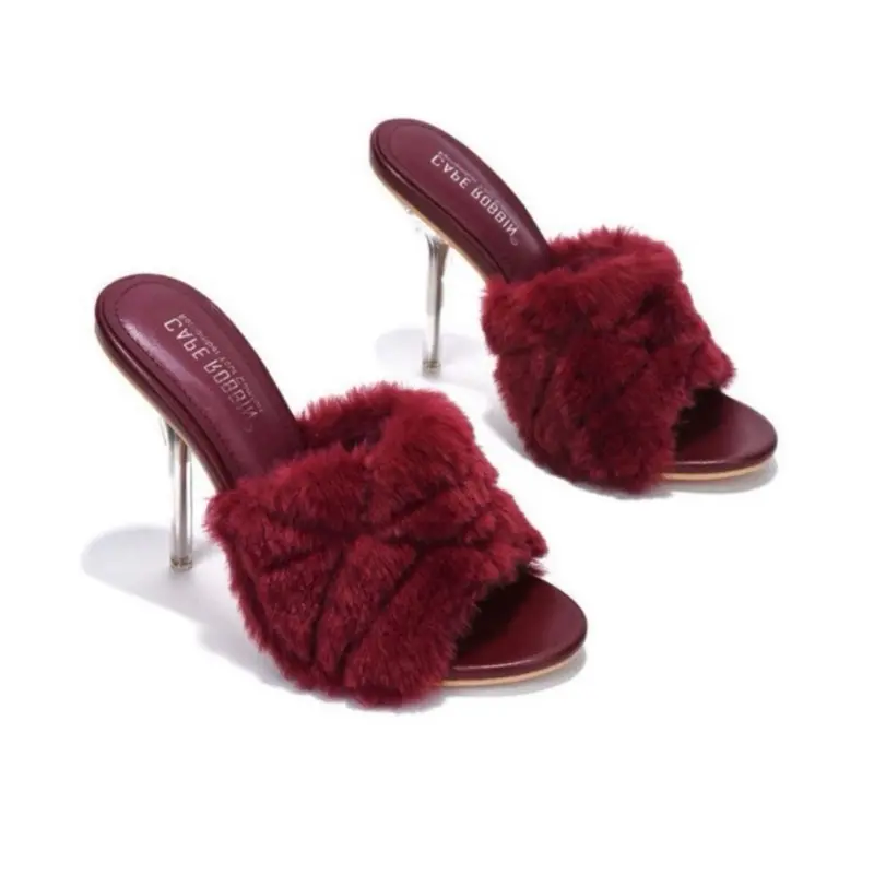 Lena Mule - Burgundy Faux Fur Heeled Sandals with Pointed Toe & Padded Insole for Style & Comfort