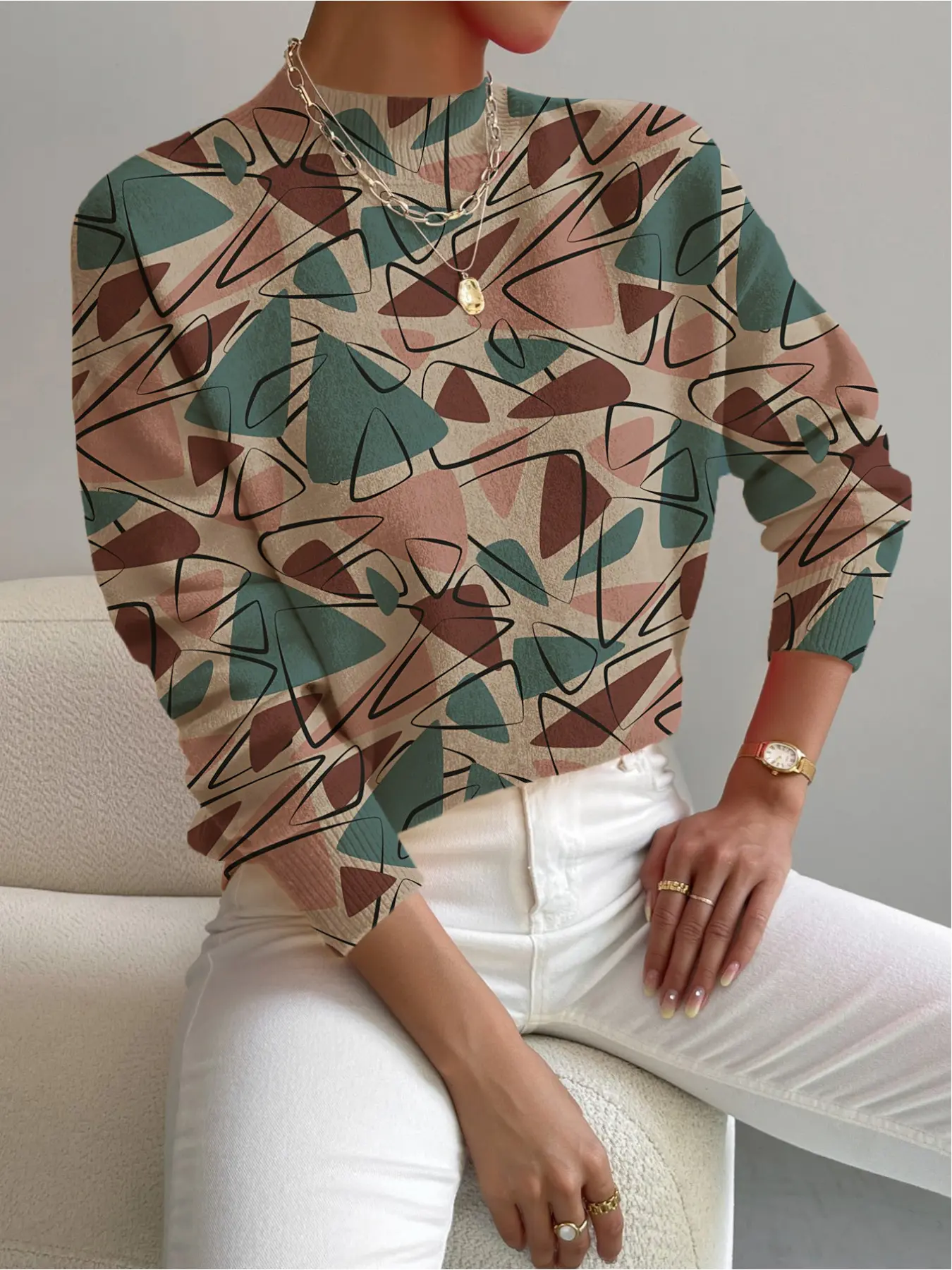1 piece + Spring, Autumn and Winter styles. Small stand-up collar, color-matching and patchwork geometric pattern printed women's knitted printed sweater. Ideal for holidays, casual and elegant office wear, elegant women's versatile sweater.