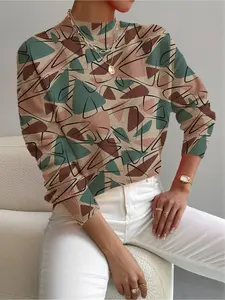 1 piece + Spring, Autumn and Winter styles. Small stand-up collar, color-matching and patchwork geometric pattern printed women's knitted printed sweater. Ideal for holidays, casual and elegant office wear, elegant women's versatile sweater.