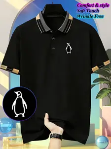 Fashion Casual Summer Short Sleeve Polo Shirt, Penguin Print Outdoor Running Golf Collar, Button Front, Breathable Polyester Fabric