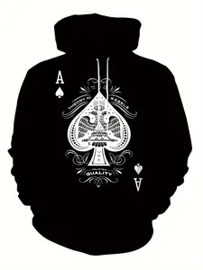 Men's retro 3D Spades A poker print hooded sweatshirt, all-season loose street style, spades and hearts design, machine-washable hip-hop style men's sweatshirt (black)