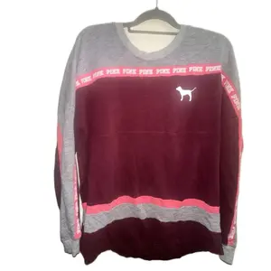 Victoria Secret Pink Long Sleeve Shirt - Maroon & Gray with Dog Logo and Pink Trim Design