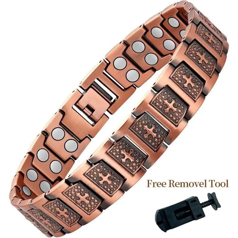 1 men's cross magnetic bracelet, copper plated bracelet, men's magnetic suction bracelet, with adjustable size tool, ideal gift for others, adjustable bracelet | plated bracelet | complex chain design, copper colored magnetic suction bracelet jewelry gift