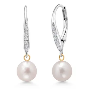 Gem Stone King 925 Silver and 14K Yellow Gold Cultured Freshwater Pearl and White Lab Grown Diamond Dangle Earrings For Women 1 Inch, Pearl Size 7MM