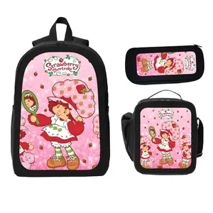 Strawberry Shortcake Cartoon Backpack Set 3 Piece Combo with Lunch Bag and Pencil Pouch Lightweight Large Capacity Fashion School Bag for Kids Teens Boys and Girls Daily Travel Use