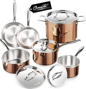 Whole Tri-Ply 18/10 Stainless Steel Pot and Pan Set (10 Piece), Copper Pots and Pans Set with Stainless Steel Lid, Induction Cookware Set, Include Stock Pot, Saucepan, Frying Pan - Copper ciwete