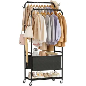 Rod Laundry Cart with Rack, Rolling Clothes Rack with Basket and Shelf, Laundry Basket with Wheels, Black