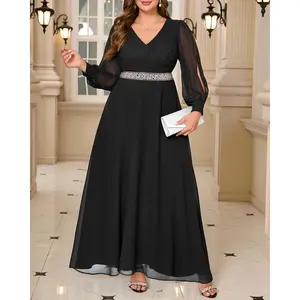 Pinup Fashion Women Plus Size Formal Dresses - Evening Gown Long Sleeve Chiffon Beading Maxi Dress  SwimWeek  summervibes