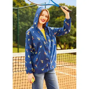 ModCloth Mind at Breeze Windbreaker Jacket with Pockets, Hood, Zipper Front, Water Resistant, Banana Fruit Print - Navy Blue (XS-4X)
