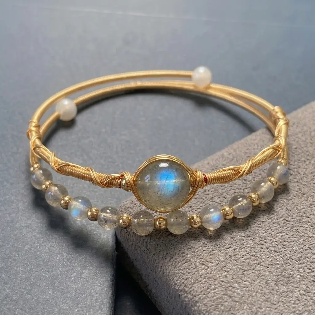 Natural Moonstone Wire Wrapped Cuff Bracelet for Women - 14K Gold Filled Open Bangle Double Layer Minimalist Stacking Jewelry Gifts for her, Mother's Day Gift backtoschool