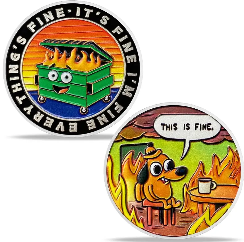 Dumpster Fire Dog Challenge Coin This is Fine Employee Appreciation Coins Meme Commemorative Coin Funny Coins Collectible Job Appreciation Gifts for Coworkers