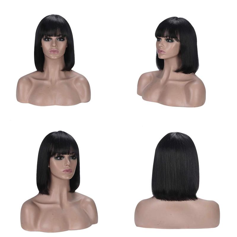 Short Bob Wigs Human Hair 8 Inch Glueless Wear and Go Bob Wig With Bangs Human Hair Wigs for Black Women Human Hair Brazilian Straight Hair None Lace Front Natural Black Wig