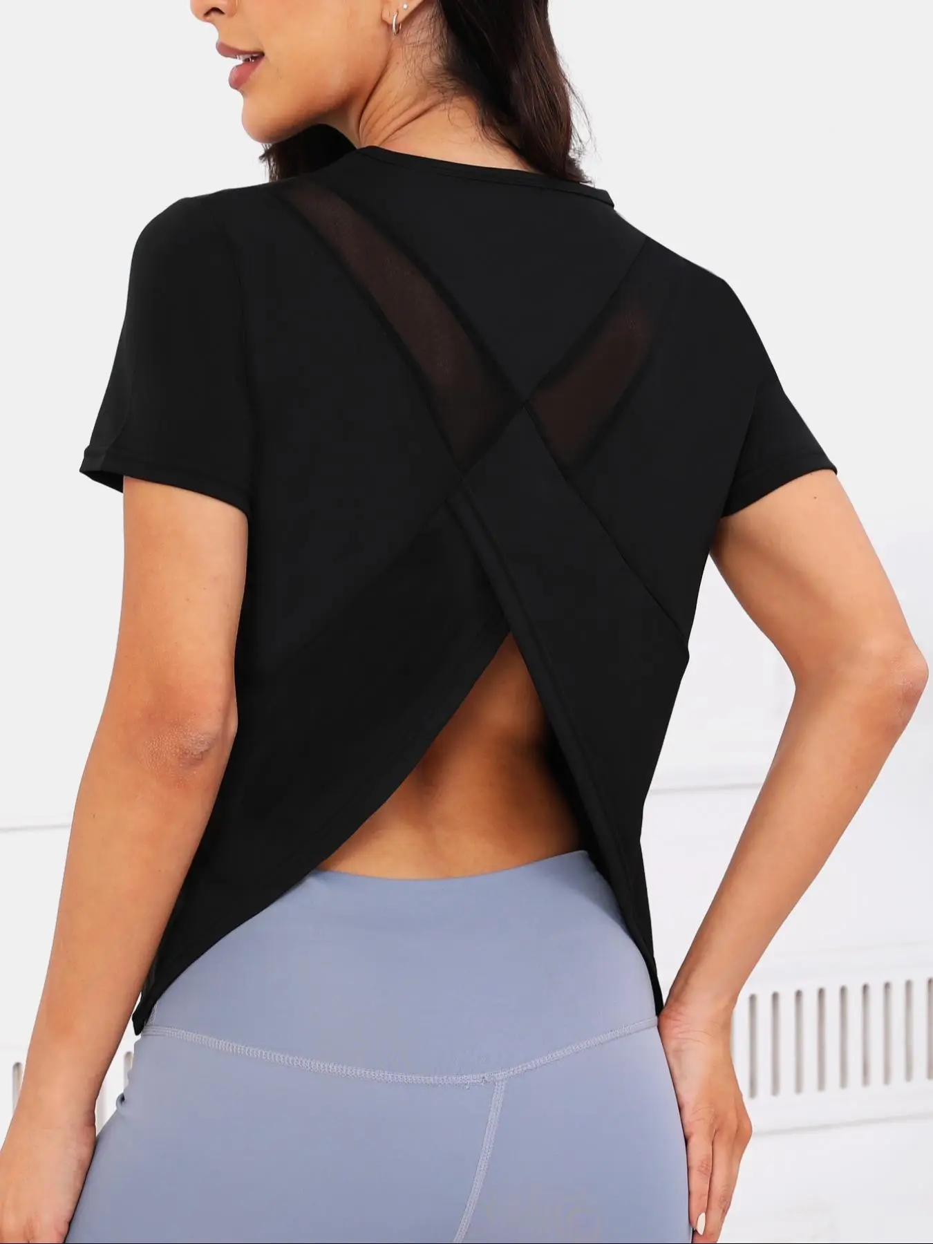 Women's Contrast Mesh Wrap Sports Tee, Casual Round Neck Short Sleeve T-shirt for Daily Outdoor Sport, Athletic Clothes, Women Fall T-shirt 2024, Ladi