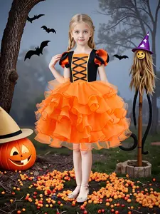 New Halloween Kids Witch Costume, Girls' Cosplay Pumpkin Dress, Performance, Cute Witch Skirt for Halloween Party