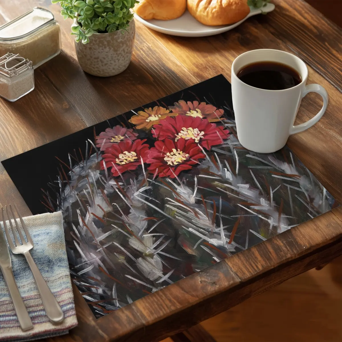 360 Stand Rectangular Heatproof Cactus Print Tableware Placemats, 14x18 in Mammillaria Cactus in Bloom Polyester, Home Decor Set of 4, Cactus-Themed Placemats & Coasters