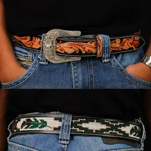 Hand-Tooled Artesanal Beaded Leather Belt