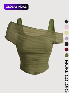 Women's Asymmetric Neckline Ruched Crop Top, Trendy Womenswear Mesh Top for Club, Date Night & Vacation