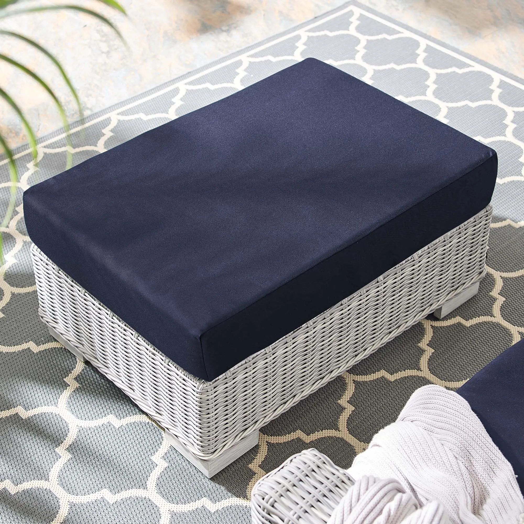 Modway Conway Sunbrella® Outdoor Patio Wicker Rattan Ottoman - Durable Ottoman, Synthetic Wicker, L-Shaped Legs, Light Gray Navy, Requires Assembly, Durable Ottomans, Patio Ottoman