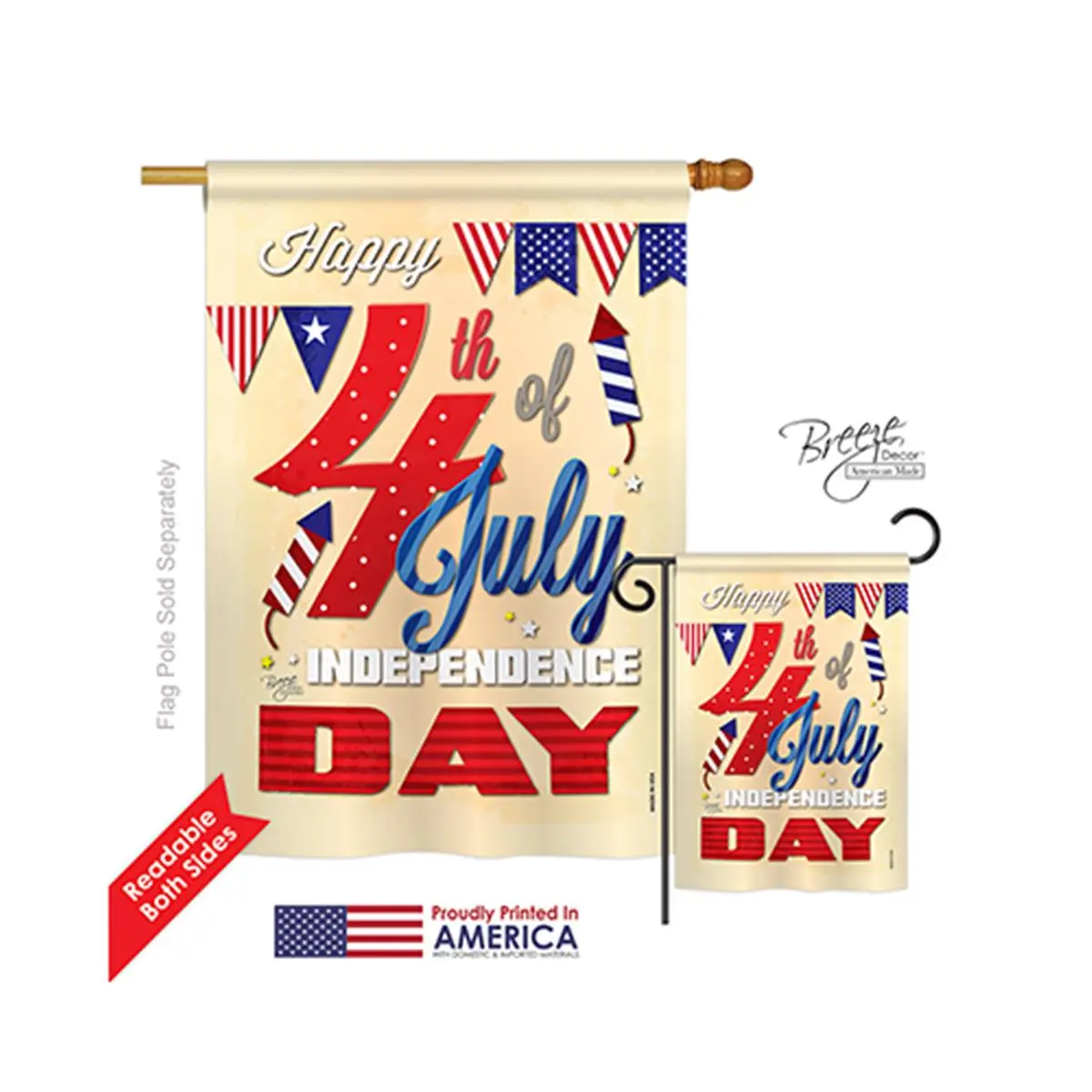 Breeze Decor 11008 4th of July Vertical House Flag - 2-Sided Artwork Banners, 28x40 in, Festive Home Party Backdrop Decoration
