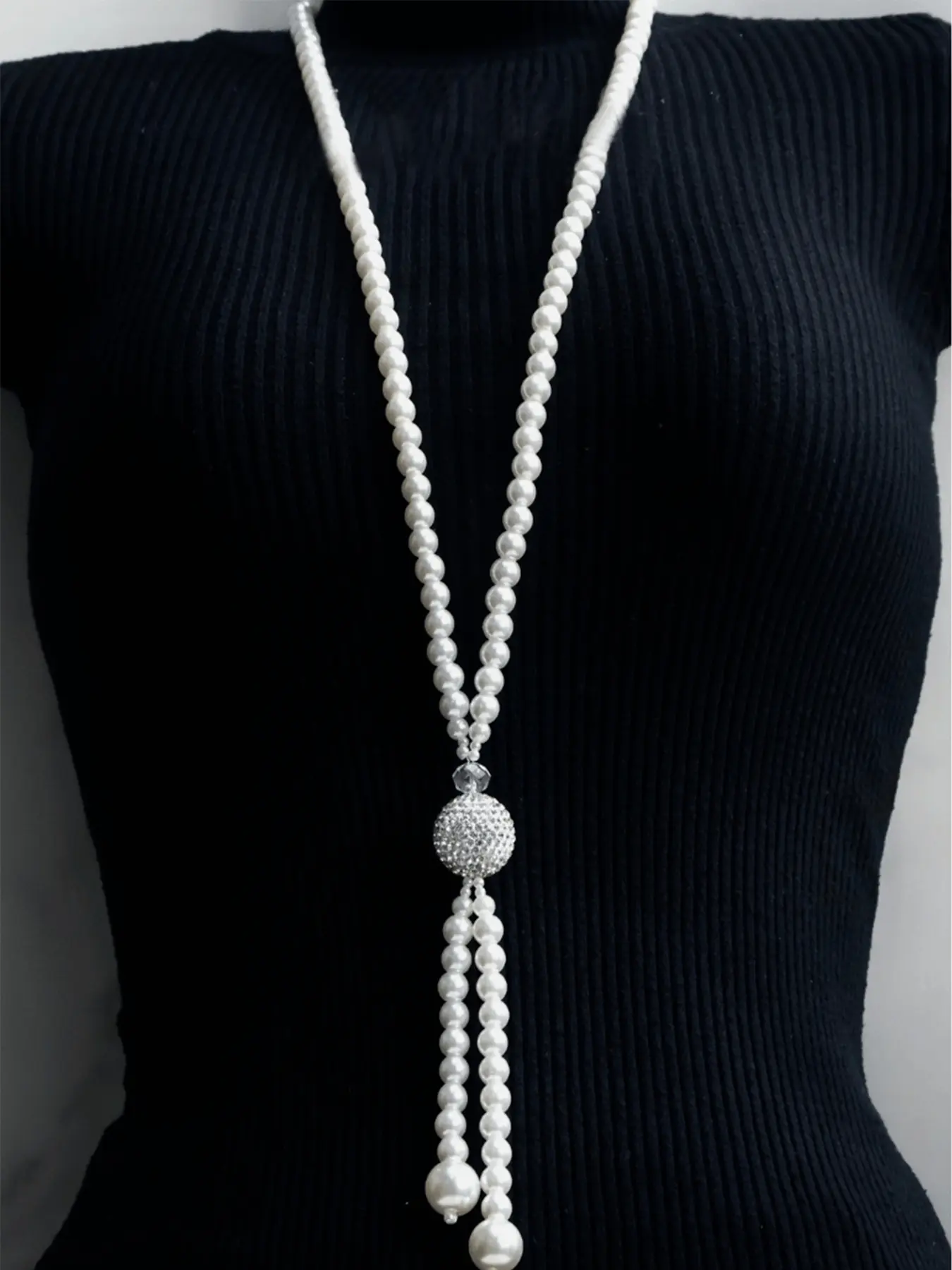 Long Pearl Tassel Pendant Necklace, Decorative Necklace - White Pearl & Crystal Accents | Elegant Formal Statement Jewelry | Versatile Fashion Necklace for Women Necklace Gift