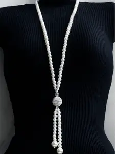Long Pearl Tassel Pendant Necklace - White Pearl & Crystal Accents | Elegant Formal Statement Jewelry | Versatile Fashion Necklace for Women