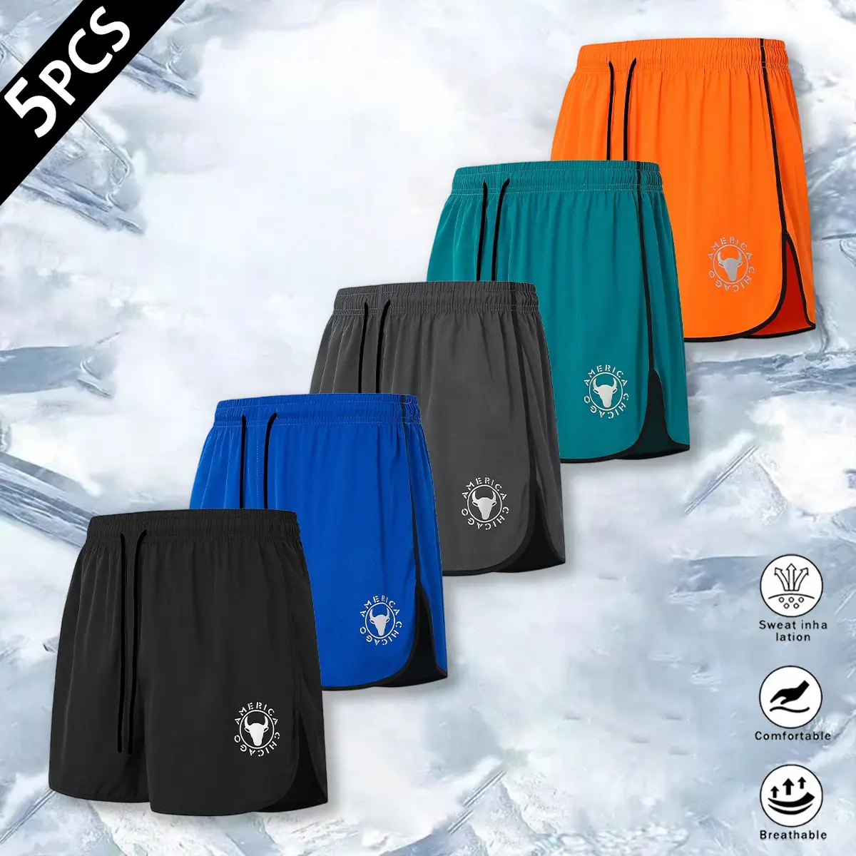 Men's 5-Pack Stretch Quick-Dry Athletic Shorts - Ultra-Lightweight Breathable Moisture-Wicking Fabric, Elastic Waist with Drawstring, Split Hem, Bull Graphic, Above-Knee Fit, Ideal for Gym, Running